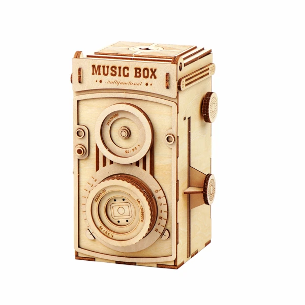 WOODEN CONSTRUCTION VINTAGE CAMERA MUSIC BOX