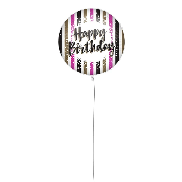 BALLOON HAPPY BIRTHDAY PINK-GOLD STRIPES FOIL 46 cm