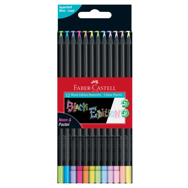 FABER-CASTELL ΞΥΛΟΜΠΟΓΙΕΣ BLACK EDITION ΝΕΟΝ & ΠΑΣΤΕΛ 12 ΧΡΩΜΑΤΑ