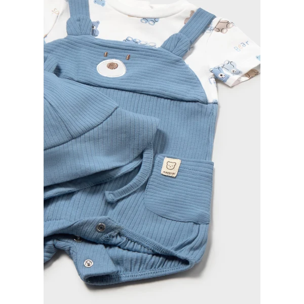 MAYORAL DUNGAREE ROMPER AND HAT SOFT BLUE