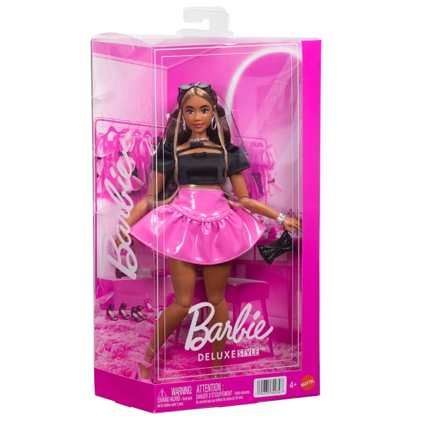 BARBIE DELUXE STYLE DOLL WITH PINK VINYL SKIRT