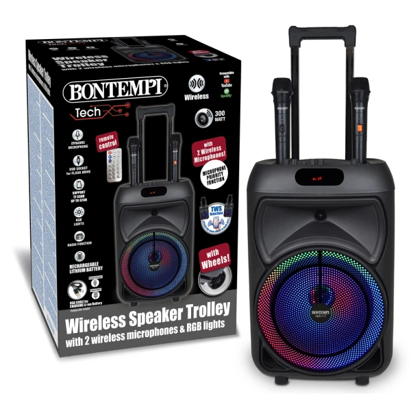 BONTEMPI TROLLEY WIRELESS SPEAKER WITH 2 WIRELESS MICROPHONES AND RGB LIGHTS