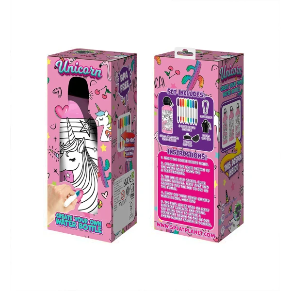 SPLAT PLANET UNICORN ALUMINUM COLORING WATER BOTTLE 600ml WITH PERMANENT MARKERS