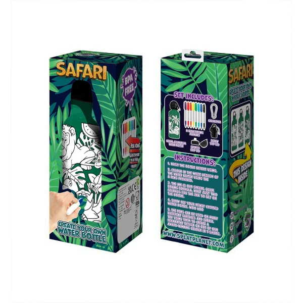 SPLAT PLANET SAFARI ANIMALS ALUMINUM COLORING WATER BOTTLE 600ml WITH PERMANENT MARKERS
