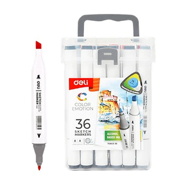 DELI DOUBLE-TIP ALCOHOL-BASED DESIGN MARKERS IN PLASTIC CASE 36 COLORS