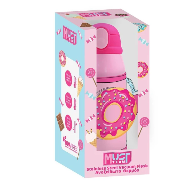 MUST TEAM STAINLESS STEEL THERMAL WATER BOTTLE 500ml WITH CASE AND STRAW 21.5X8.5 cm CUPCAKE
