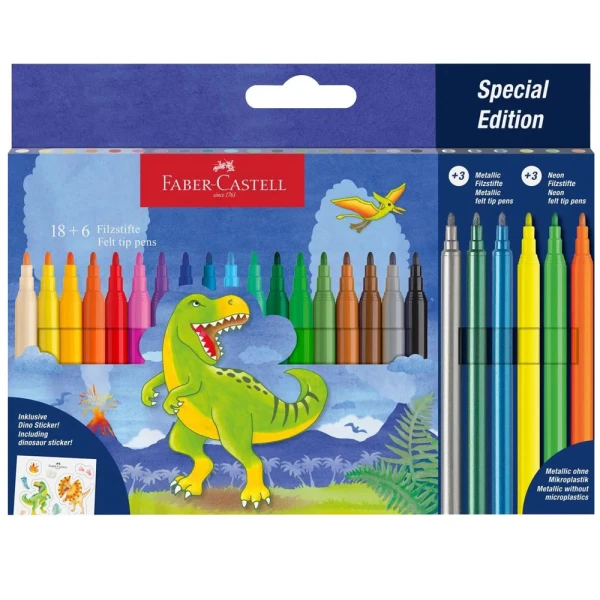 FABER-CASTELL MARKERS DINOSAUR SET 18+6 AND STICKERS