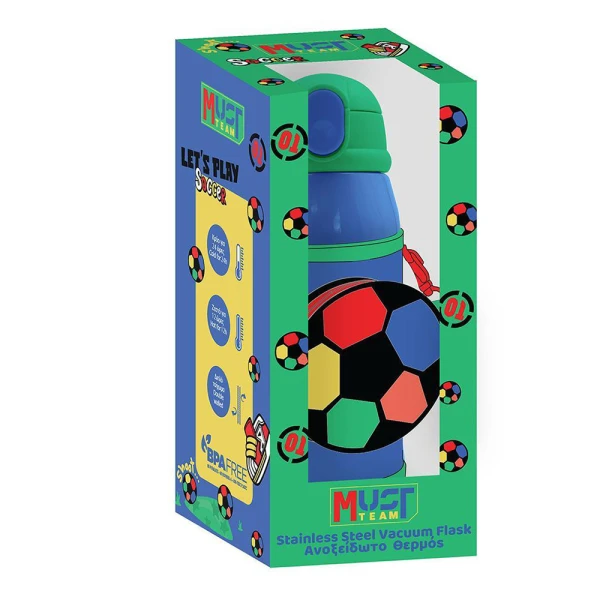 MUST TEAM STAINLESS STEEL THERMAL WATER BOTTLE 500ml WITH CASE AND STRAW 21.5X8.5 cm FOOTBALL