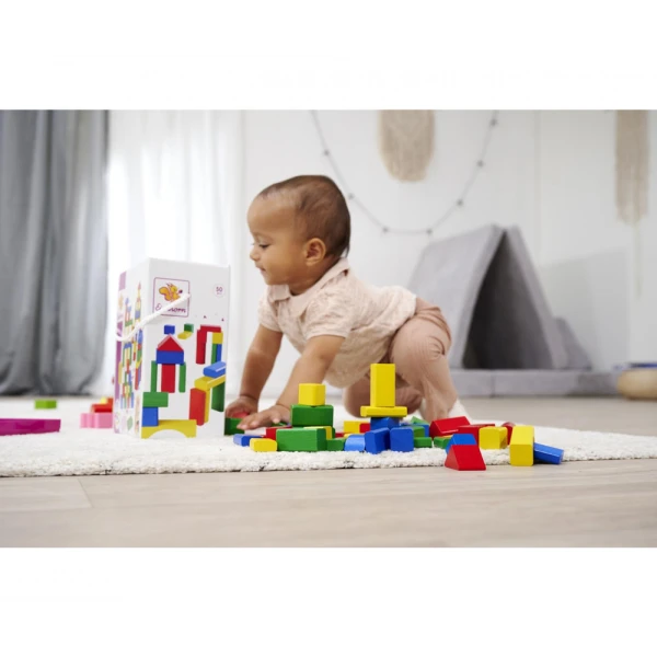 BOX WITH COLORED WOODEN BLOCKS 50 PCS.