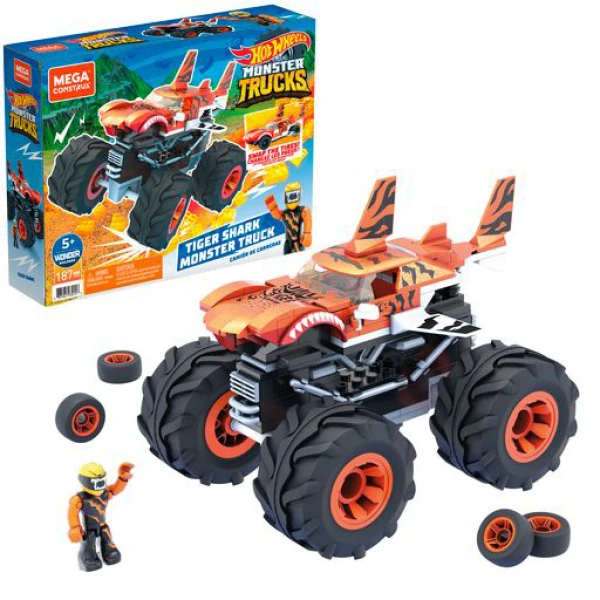 MEGA BLOKS HOT WHEELS MONSTER TRUCKS VEHICLE TIGER SHARK 187 pcs