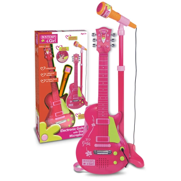 BONTEMPI ELECTRONIC ROCK GUITAR AND MICROPHONE WITH STAND PINK