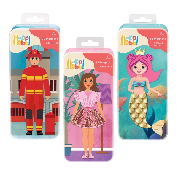 HAPPIHOBBI MAGNET TINS CITY HEROES - FASHION GIRL - MERMAID PRINCESS EDUCATIONAL PAPER MAGNETS - 3 DESIGNSMAGNETS FOR AGES 3+ - 2 DESIGNS