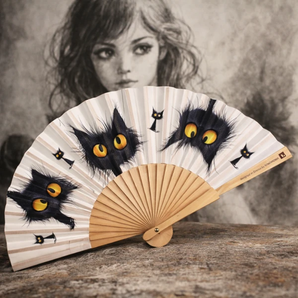 WOODEN FAN 23cm. - FUNNY CAT
