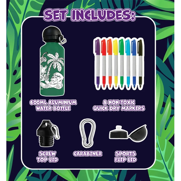 SPLAT PLANET SAFARI ANIMALS ALUMINUM COLORING WATER BOTTLE 600ml WITH PERMANENT MARKERS