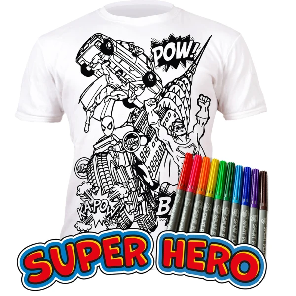 SPLAT PLANET WASHABLE COLOURING T-SHIRT SUPER HEROES WITH MARKERS (7-8 YEARS)