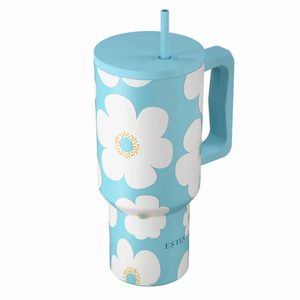 ESTIA HOME ART THERMAL BOTTLE STRAW TUMBLER XL 900ml - BLUE DAISY