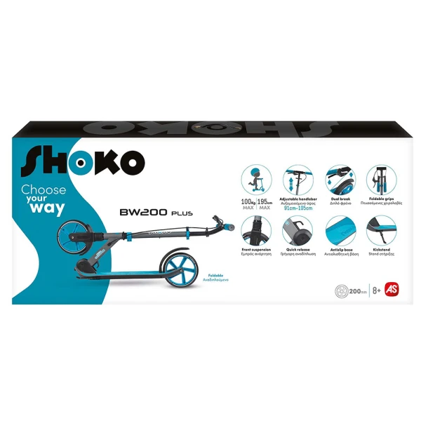 SHOKO KIDS SCOOTER BW 200 PLUS WITH 2 WHEELS 200mm BLUE COLOR FOR AGES 8+ YEARS