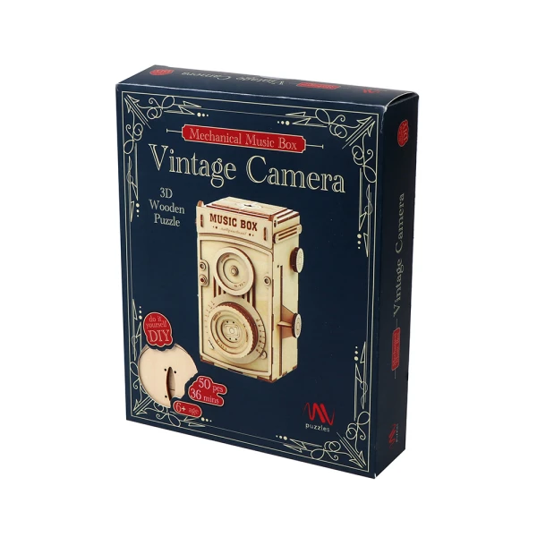 WOODEN CONSTRUCTION VINTAGE CAMERA MUSIC BOX