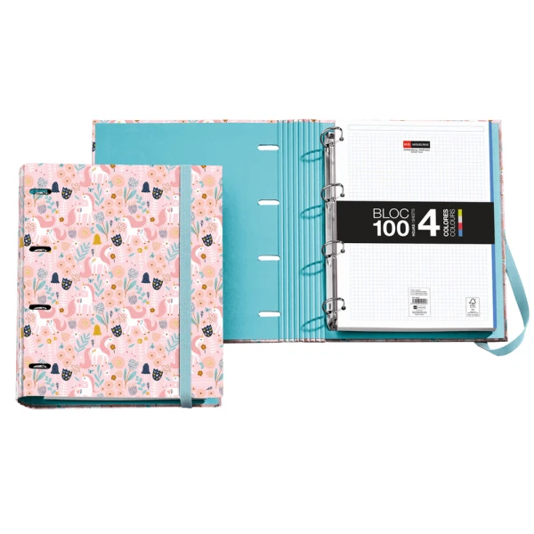 MIQUELRIUS BINDER WITH RUBBER 4 RINGS 35mm & BLOCK OF 100 SHEETS A4 UNICORN