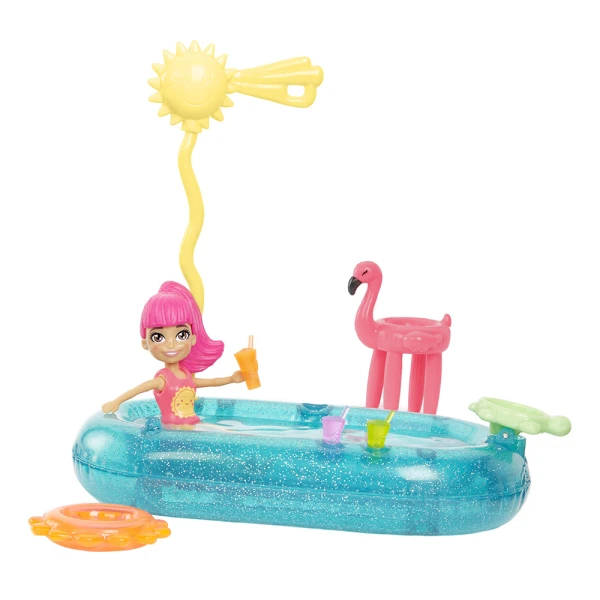 POLLY POCKET DOLL WITH SWIM AND SPORT CLOTHES & ACCESSORIES - BASKETBALL SPLASH PACK