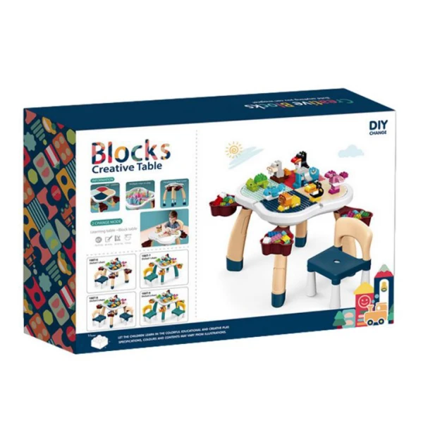 PLAYING TABLE WITH 100 BRICKS & 2 CHAIRS