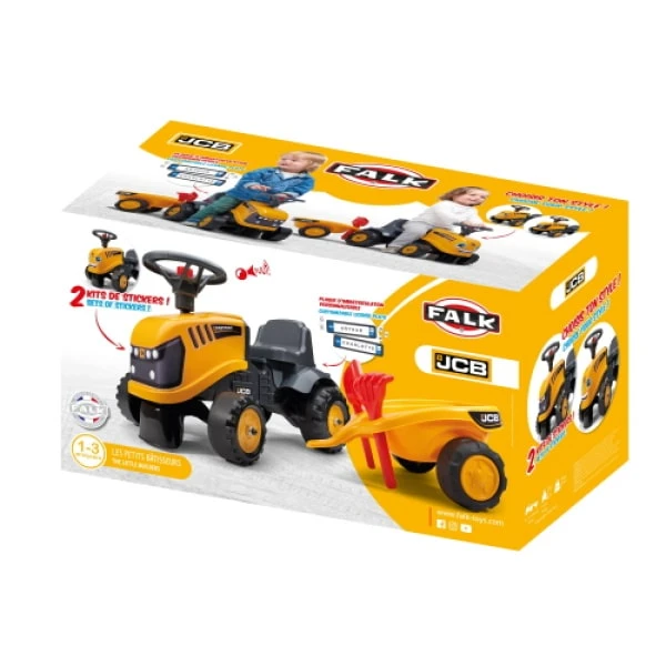 FALK BABY JCB FASTRAC RIDE-ON WITH TRAILER, REKE & SHOVEL