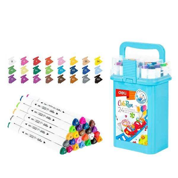 DELI DOUBLE-TIP WASHABLE DESIGN MARKERS IN PLASTIC CASE 24 COLORS