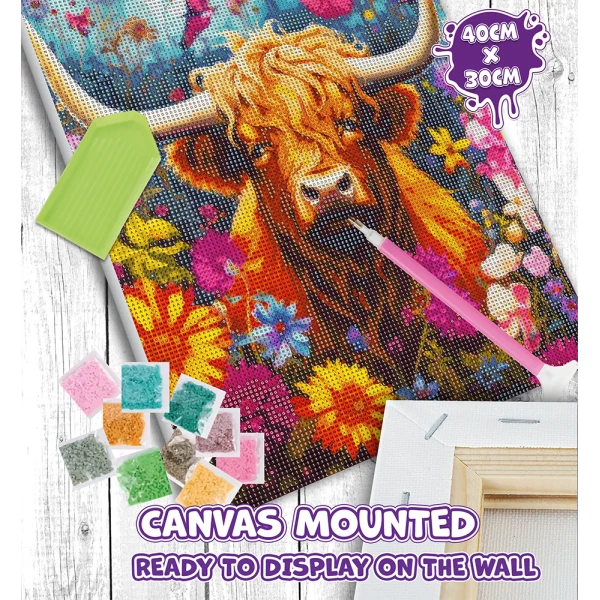 SPLAT PLANET DIAMOND PAINTING KIT ON FRAMED CANVAS 30X40 cm HIGHLAND COW