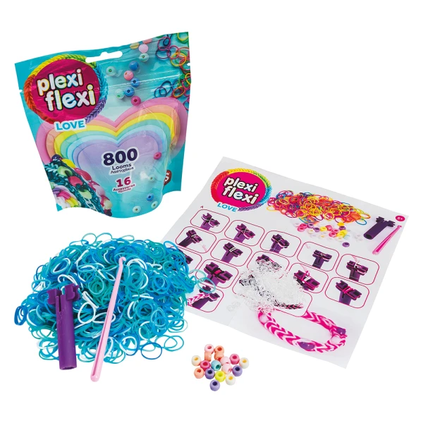 PLEXI-FLEXI LOVE PACK WITH 800 LOOMS & 16 CHARMS FOR AGES 5+ - 3 DESIGNS