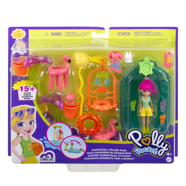 POLLY POCKET DOLL WITH SWIM AND SPORT CLOTHES & ACCESSORIES - BASKETBALL SPLASH PACK
