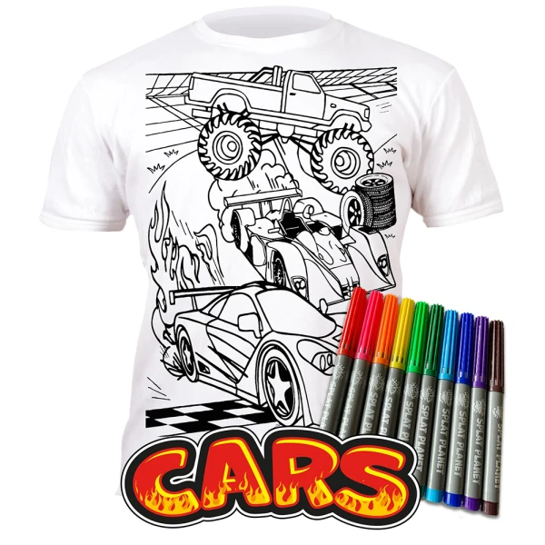 SPLAT PLANET WASHABLE COLOURING T-SHIRT CARS WITH MARKERS (7-8 YEARS)