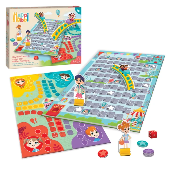 HAPPIHOBBI MAGNETIC BOARD GAME LUNA PARK SNAKES - LADDERS WITH 37 EDUCATIONAL PAPER MAGNETS