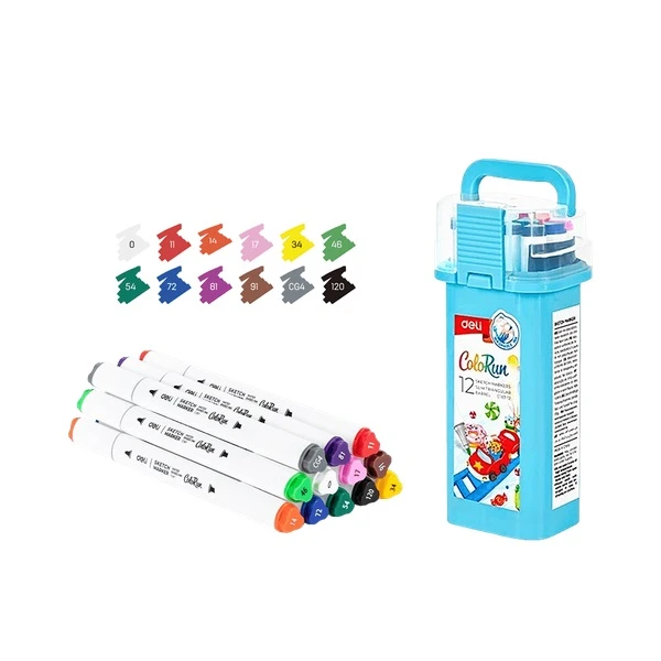 DELI DOUBLE-TIP DESIGN MARKERS IN PLASTICWASHABLE CASE 12 COLORS
