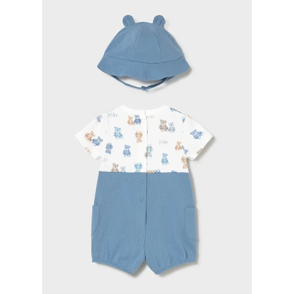 MAYORAL DUNGAREE ROMPER AND HAT SOFT BLUE