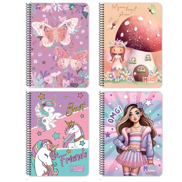 MUST TEAM SPIRAL NOTEBOOK 17X25 cm 3 SUBJECTS 90 SHEETS RAINBOW - 4 DESIGNS