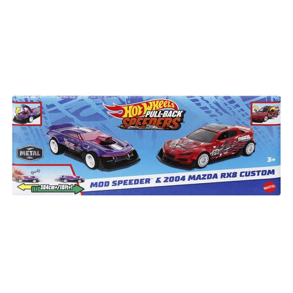 HOT WHEELS CARS PUL BACK SET OF 2 - MOD SPEEDER & 2004 MAZDA RX8 CUSTOM