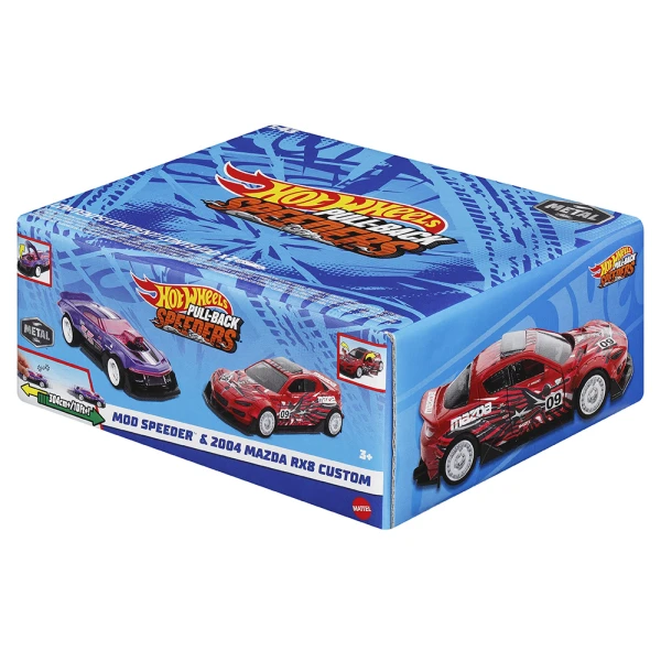 HOT WHEELS CARS PUL BACK SET OF 2 - MOD SPEEDER & 2004 MAZDA RX8 CUSTOM