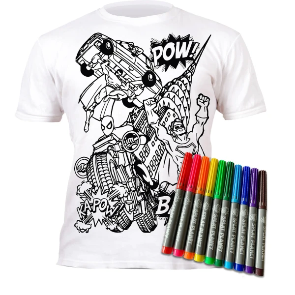 SPLAT PLANET WASHABLE COLOURING T-SHIRT SUPER HEROES WITH MARKERS (5-6 YEARS)