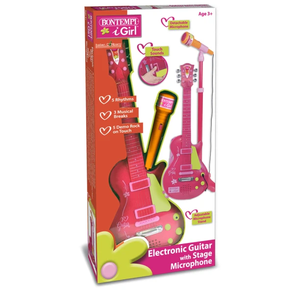 BONTEMPI ELECTRONIC ROCK GUITAR AND MICROPHONE WITH STAND PINK