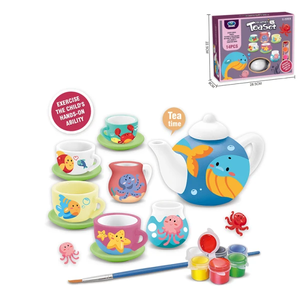 CERAMIC TEA SET WITH PAINTS AND BRUSH