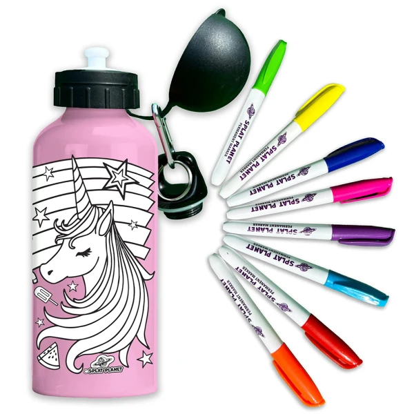 SPLAT PLANET UNICORN ALUMINUM COLORING WATER BOTTLE 600ml WITH PERMANENT MARKERS