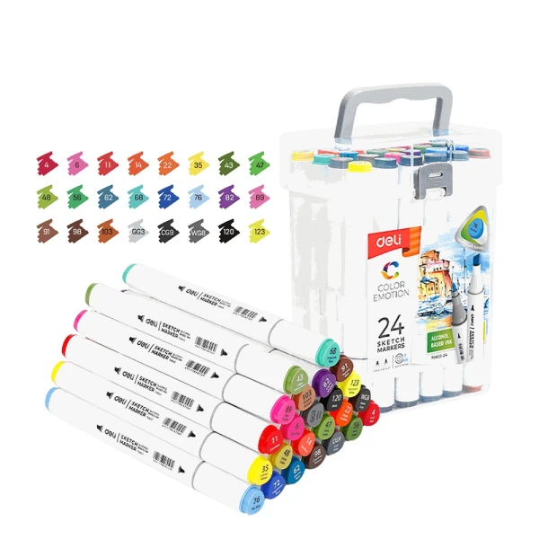 DELI DOUBLE-TIP DESIGN MARKERS IN PLASTIC CASE - 24 COLORS