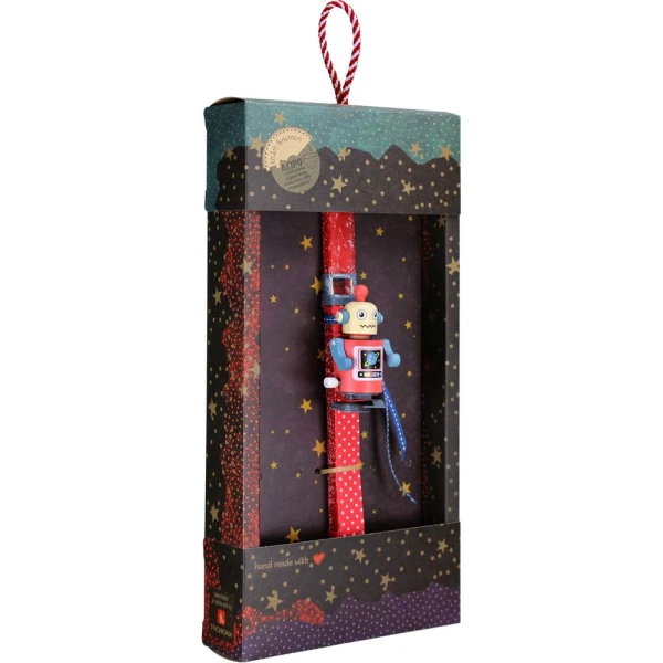 SYNCHRONIA HANDMADE CANDLE 30 cm WOODEN WIND-UP ROBOT RED