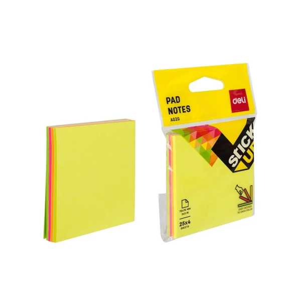 DELI STICKY NOTES 4X25 SHEETS 76X76mm STICK UP