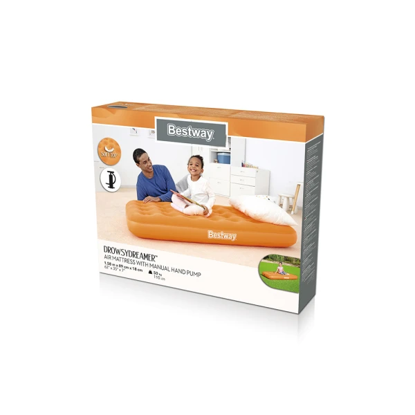 BESTWAY CHILDREN INFLATABLE AIRBED 158X89X18 cm DROWSY DREAMER AIR ORANGE WITH MANUAL HAND PUMP
