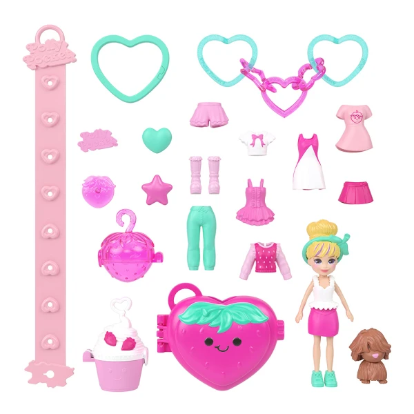 POLLY POCKET DOLL WITH ACCESSORIES & KEYCHAIN - STRAWBERRY