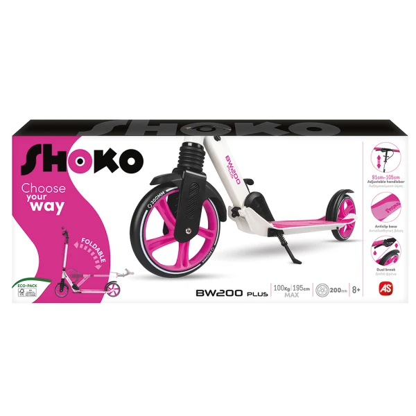 SHOKO KIDS SCOOTER BW 200 PLUS WITH 2 WHEELS 200mm FUCHSIA COLOR FOR AGES 8+ YEARS