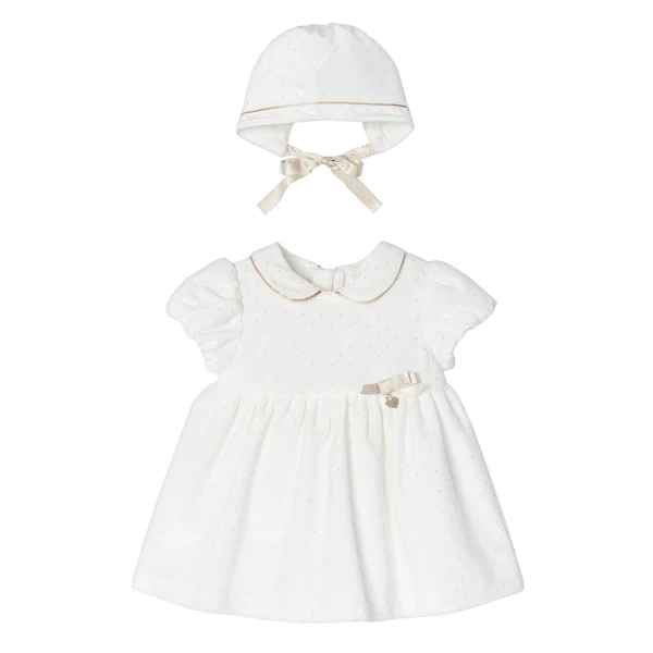 MAYORAL VELOUR DRESS AND HOOD ECRU