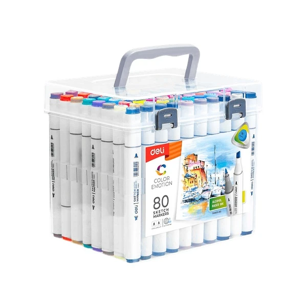 DELI DOUBLE-TIP ALCOHOL-BASED DESIGN MARKERS IN PLASTIC CASE 80 COLORS