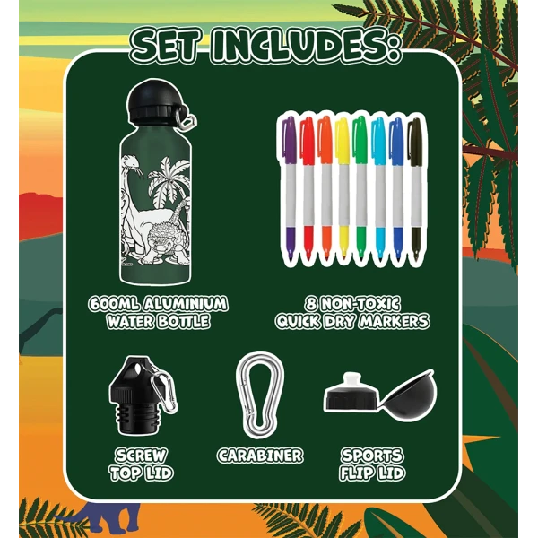 SPLAT PLANET DINOSAUR ALUMINUM COLORING WATER BOTTLE 600ml WITH PERMANENT MARKERS
